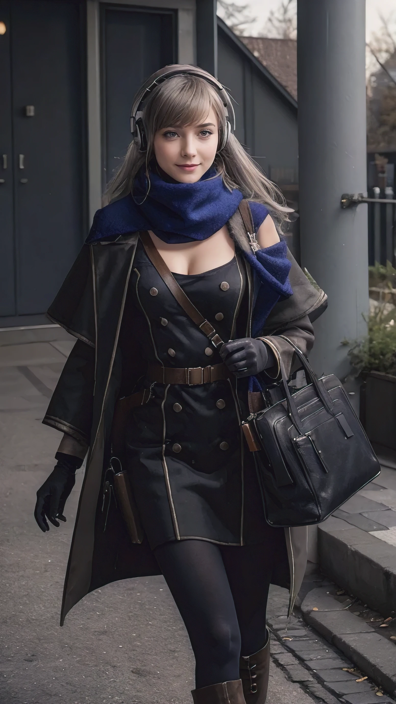 masterpiece, best quality, 1girl, solo, Bkornblume, headphones, solo, blue scarfs, coat, pussy, opened clothing, exhibitionism, black dress, black gloves, grey hair, black coat dress, long sleeves, gloves, blushing, naked, smile, full body, pouch, german face, boots, walks, opened breasts, stasi spy, suburbs background, pantyhose, heels, holsters, buttons, knee, Street, Germany, breasts, blue stocking, nipples, topless, nude, perverted