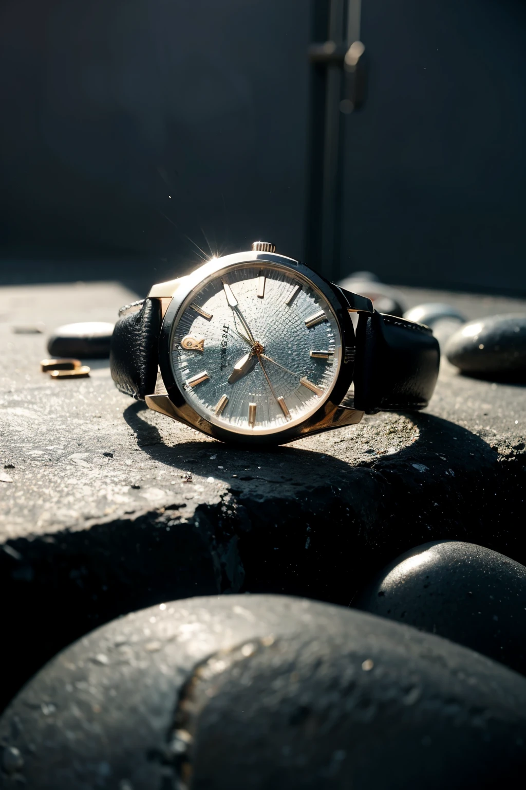 ((best quality)), ((masterpiece)), (detailed),1 Watch,metallic feel,E-commerce scenario,Surrounded by stones and gravel,Backlight,Product Scenario,Dark Tones,Vertical viewing angle,geometry