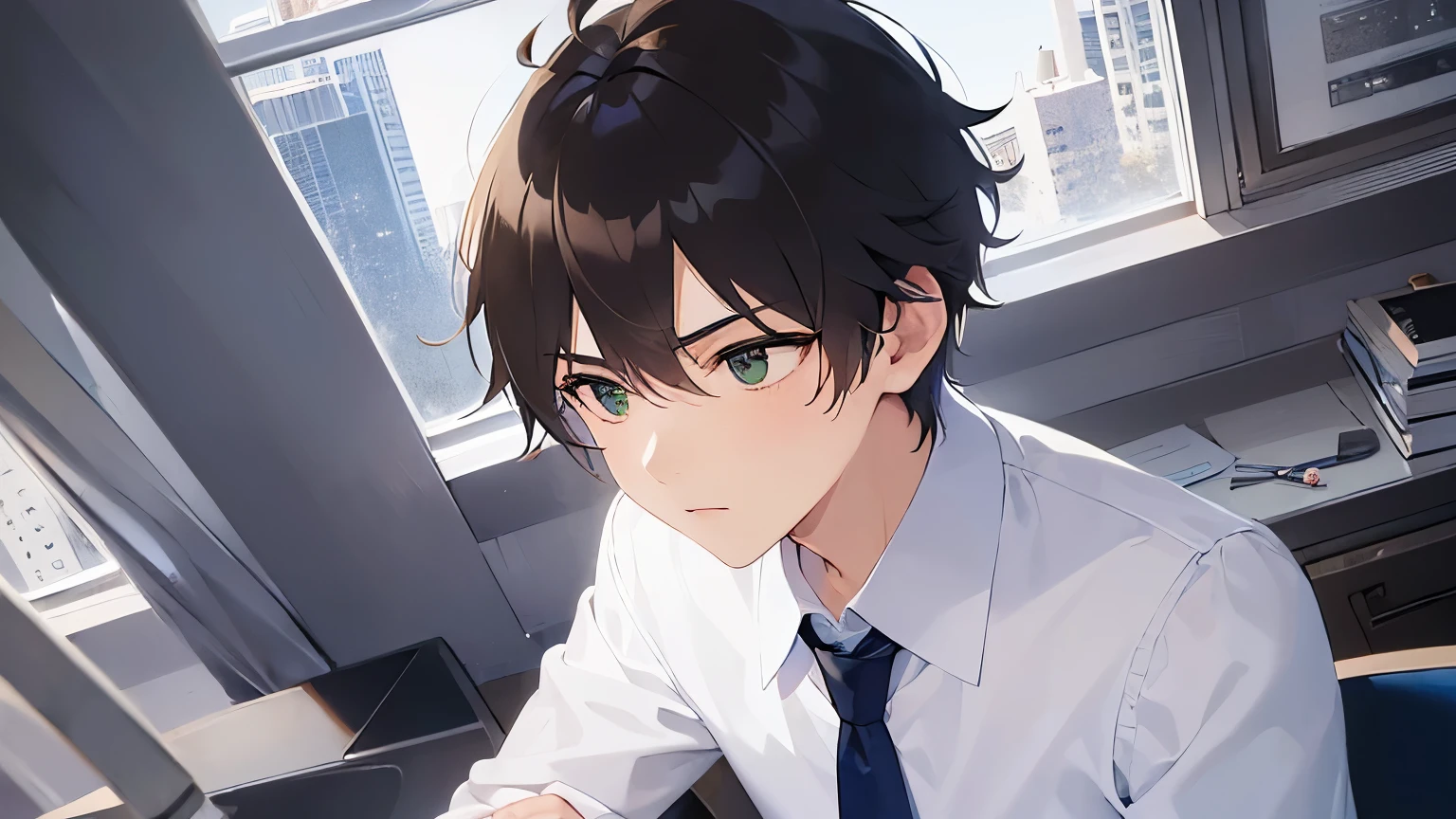 (looking away:1.5), dutch angle、upper body、masterpiece、highest quality、BREAK (25-year-old male:1.5) and (brown short hair) and (Green Eyes) BREAK (suit:1.5) and (Blue tie)、Sitting、Serious expression, Background is an office room、alone、Upper body is shown