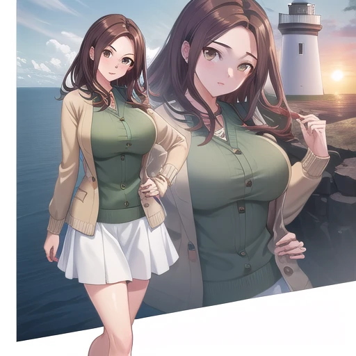 ((masterpiece)),(highest quality),Official Art,Highly detailed CG,unity 8k wallpaper,Super detailed,Lighthouse on top of a cliff by the sea,One girl,alone,Upper Body,View Viewer,Long Hair,Brown Hair,Brown eyes,Beige cardigan,Open cardigan,Green Shirt,Big Breasts,White Skirt,Long skirt,High heels,