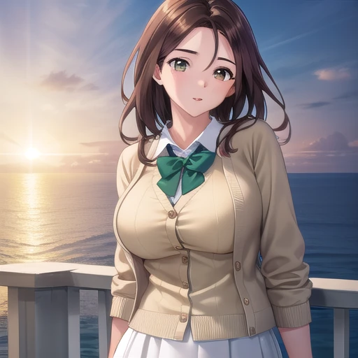 ((masterpiece)),(highest quality),Official Art,Highly detailed CG,unity 8k wallpaper,Super detailed,Lighthouse on top of a cliff by the sea,One girl,alone,Upper Body,View Viewer,Long Hair,Brown Hair,Brown eyes,Beige cardigan,Open cardigan,Green Shirt,Big Breasts,White Skirt,Long skirt,High heels,