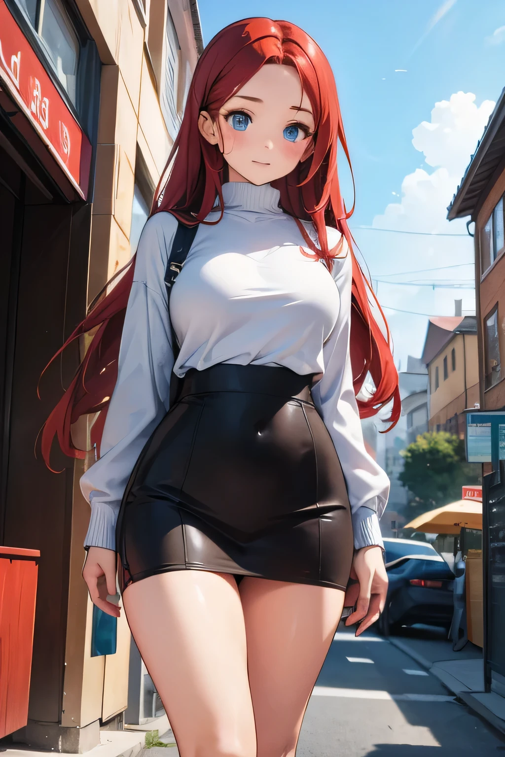 1 girl, single girl, cute, long red hair, light blue eyes, medium breasts, big hips, cute dress, open sweater,