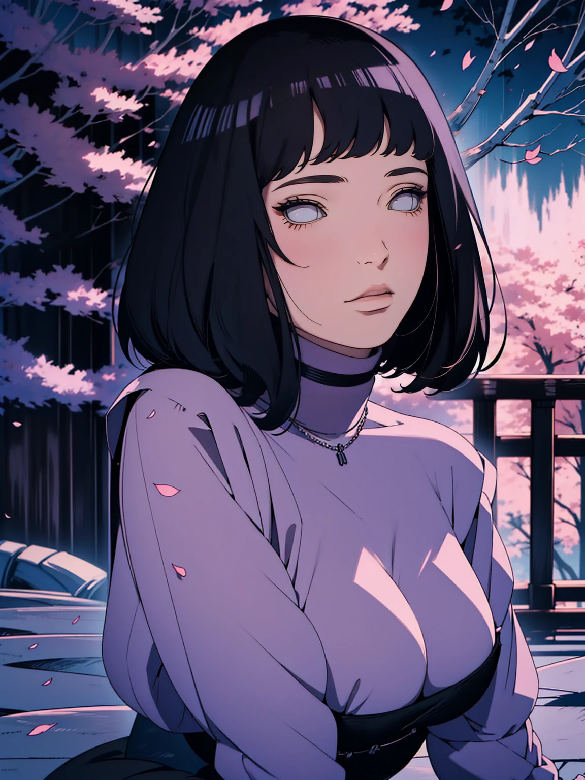 { - anatomy error} (Masterpiece - Ultra-detailed, very high resolution) Meisterwerk, absurdres, Hinata\(Boruto\), 1girls, nur,reifes Weibchen, lila Kapuzenpullover,layered sleeves, braune Hose, al fresco,Lavendelblütenfeld, Blick auf den Betrachter, (falling petals), overcast sky, Perfekte Komposition, Detaillierte Lippen, large chest, Beautiful face, Body Propotion, (black dress), flush, (rosa Lippen), (black hair) Lange Haare, lila Augen, Sanfter Blick, sad smile, Super realistisch, Detailliert, Fotoshooting, Realistic face and body, Realistisches Haar, Realistische Augen, realistische Nase, Realistische Lippen, backwards, looking back