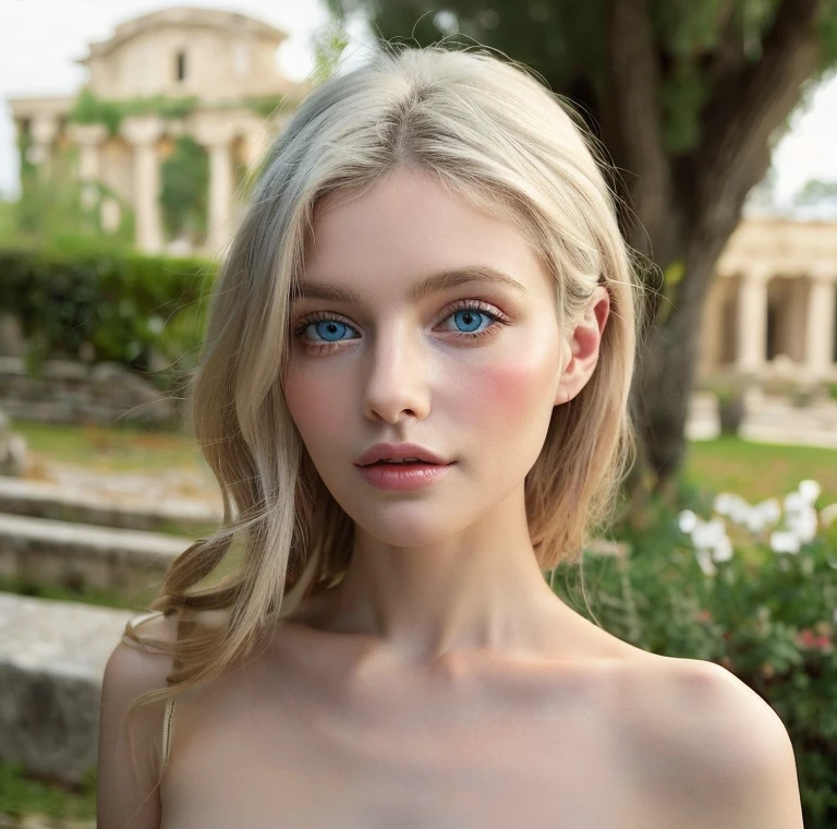 Beautiful girl, blue eyes, white hair, detailed facial traits, white greek dress, naked breasts, greek ancient buildings behind, flower wreath