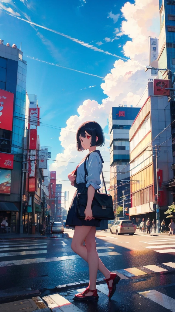 Daytime blue sky,cloud,Cars passing by on the road,Tokyo city,traffic jam,Girl 1 with short bob and red eyes is crossing the street