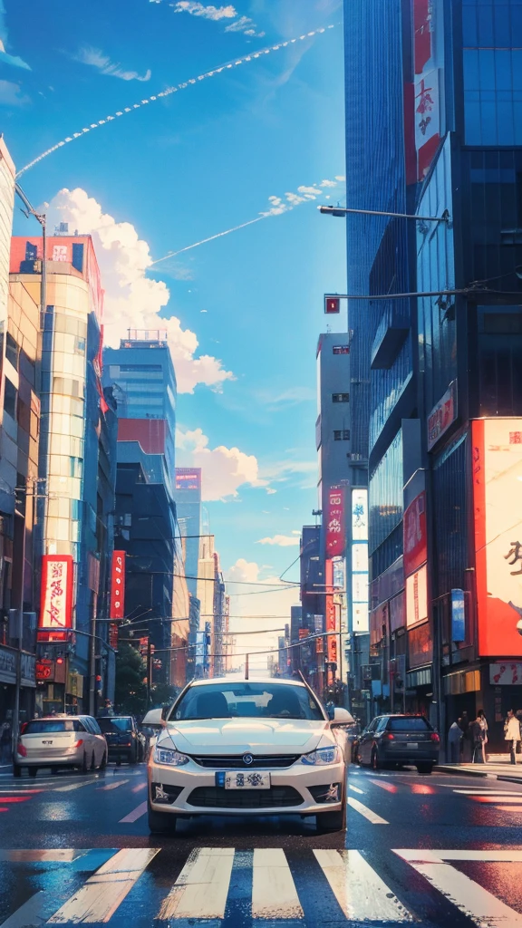 Daytime blue sky,cloud,Cars passing by on the road,Tokyo city,traffic jam,Girl 1 with short bob and red eyes is crossing the street