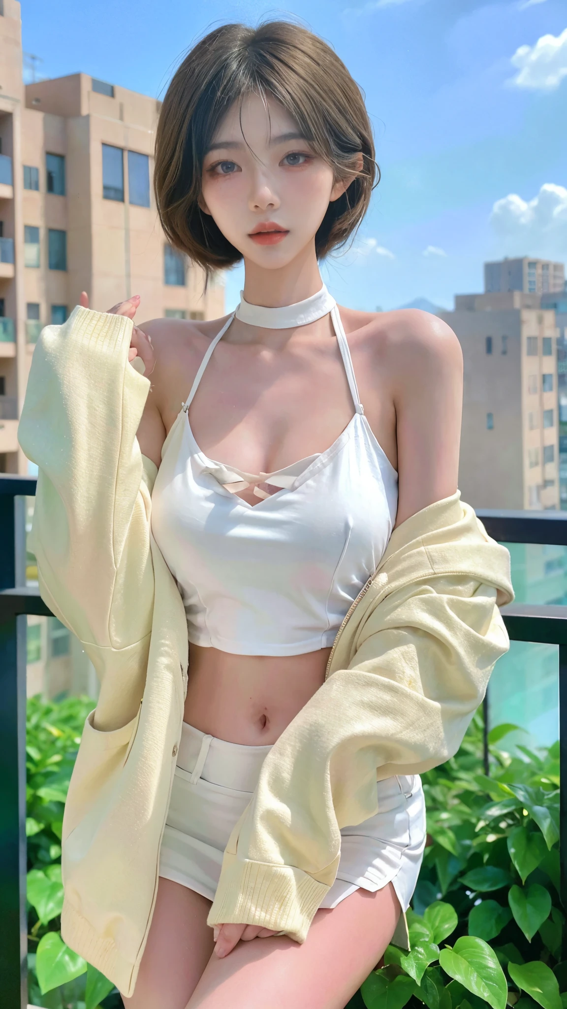 Beautiful woman with perfect figure:1.4,Layered hairstyle,White skin,Prominent cleavage,Bikini:1.5,Super short pleated skirt,whole body,Very delicate facial and skin texture,Double eyelids,Skin Whitening,Long white hair
