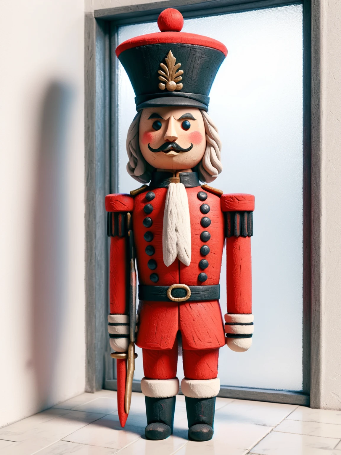 Best quality, 4K picture quality, Standing guard at a proud 5 feet tall, the nutcracker soldier cuts a striking figure. Clad in a classic red and black uniform, his white belt gleams with a single, fiery red gemstone. Atop his head, a wide-brimmed black felt hat adds a touch of regality. Musket firmly grasped, he stands resolute, a silent protector ready to keep your family safe from harm. including background. he stands in front of a glass door. white wall against him from the side