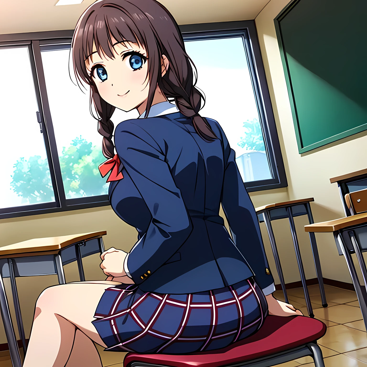 (highest quality, masterpiece:1.2), highest quality, High resolution, 1080p, 8K, Height: 158cm, High-definition anime-style CG, ((The game heroines are very noble, pretty and pure beautiful girls sitting on chairs in school classrooms.、Looking back and smiling gently)), He tries to hide his shocked mouth with his hands., A face that everyone loves, Glossy lips, Even bangs, Double, Long eyelashes on both the top and bottom, Wide-open blue eyes, detailed in detail, The very large red shiny wide ribbon bowtie is very cute., ((Black Hair)), ((long twin braids)), (((A long, neat, dark navy blue checked pleated skirt))), (((Dark blue winter long sleeve blazer))), How to wear a neat uniform, Extremely lustrous, shiny game heroine lips, Mouth open, Ribbon in hair, Tight waist, The ribbon is big and very pretty., Beautiful hair like a hair model