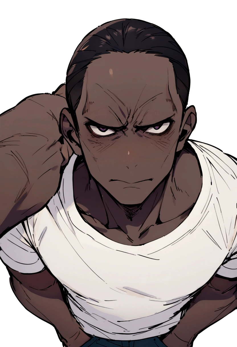 masterpiece, ung man, Stand up straight, Casual clothing, View Viewer, Detailed face,Brown Skin,Bust, Reduce wrinkles in clothes,whole body,Grim expression(Simple Background, White Background: 1.3)