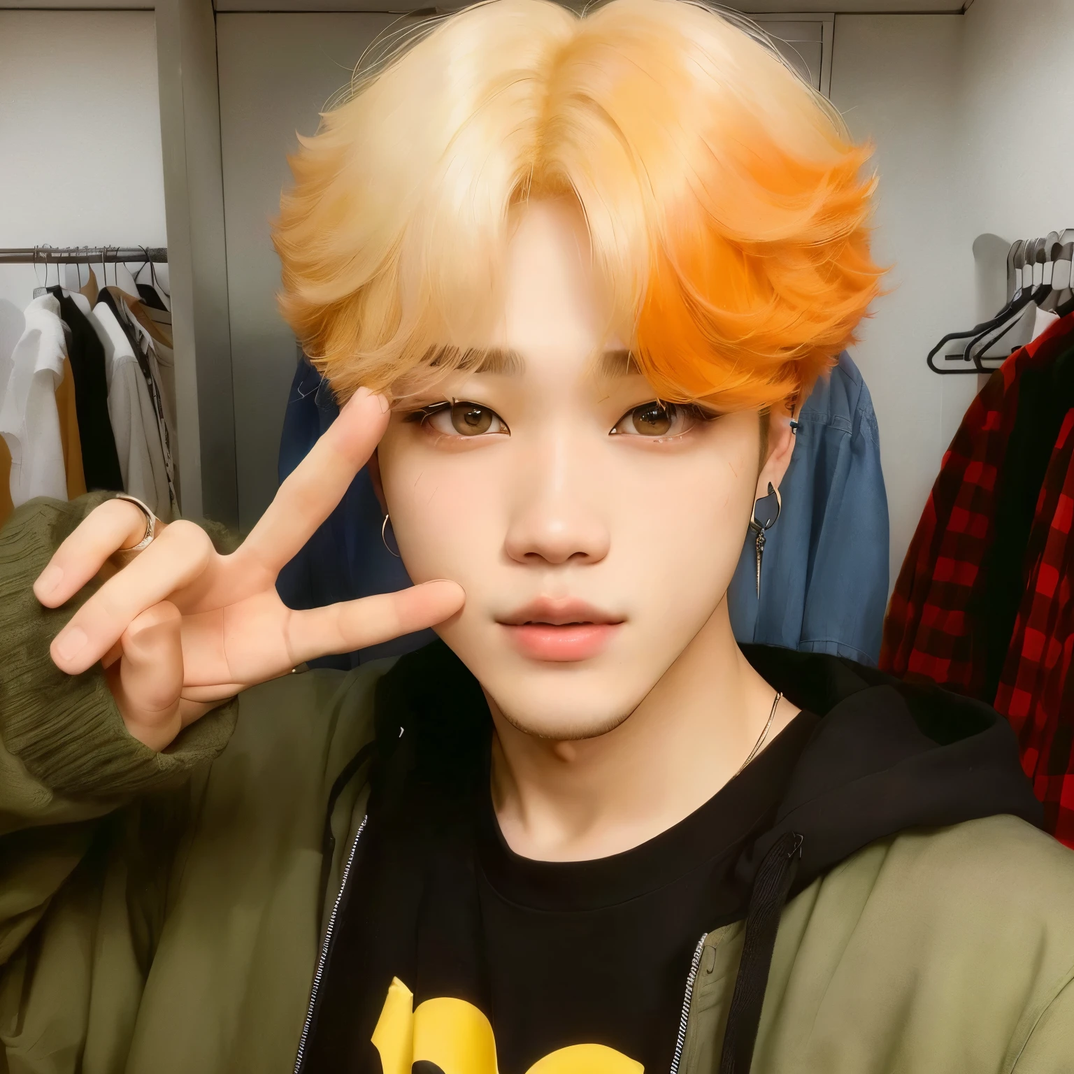 hay un joven de cabello naranja haciendo un signo de la paz, park Jimin, Jimin\los labios carnosos, Jimin, accurate Jimin face, Jung Jaehyun, Jimin\his right eyelid is swollen, Jimin\'s grecian nose, kim doyoung, con pelo corto, kim taejin, jinyoung shin, cai xukun, pintar ulzzang, hyung tae