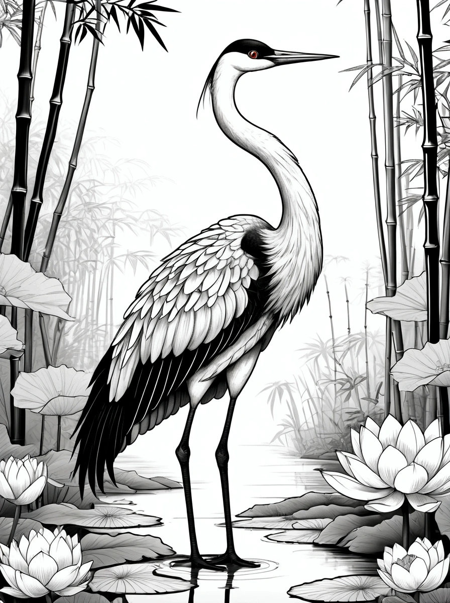 As a coloring book, White background, black and white, line drawing. No coloring. borders should be simple, clear, distinct, and thick lines. By Cartoon style of [crane], [long neck, elegant wings, poised stance], [bamboo forest], [lotus flowers]