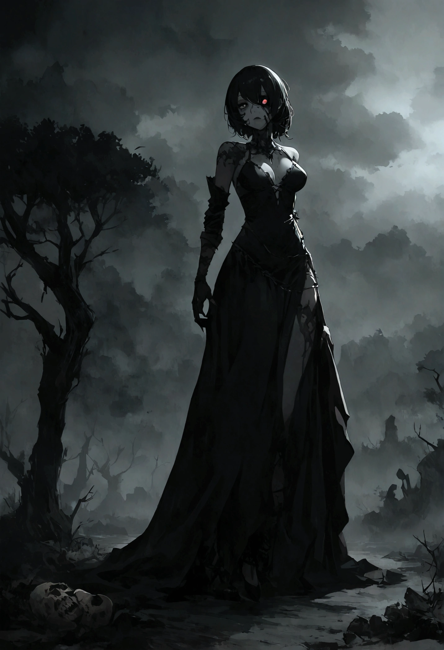 An undead seductress with a split jaw and empty eye sockets, gloomy atmosphere, rot, full body