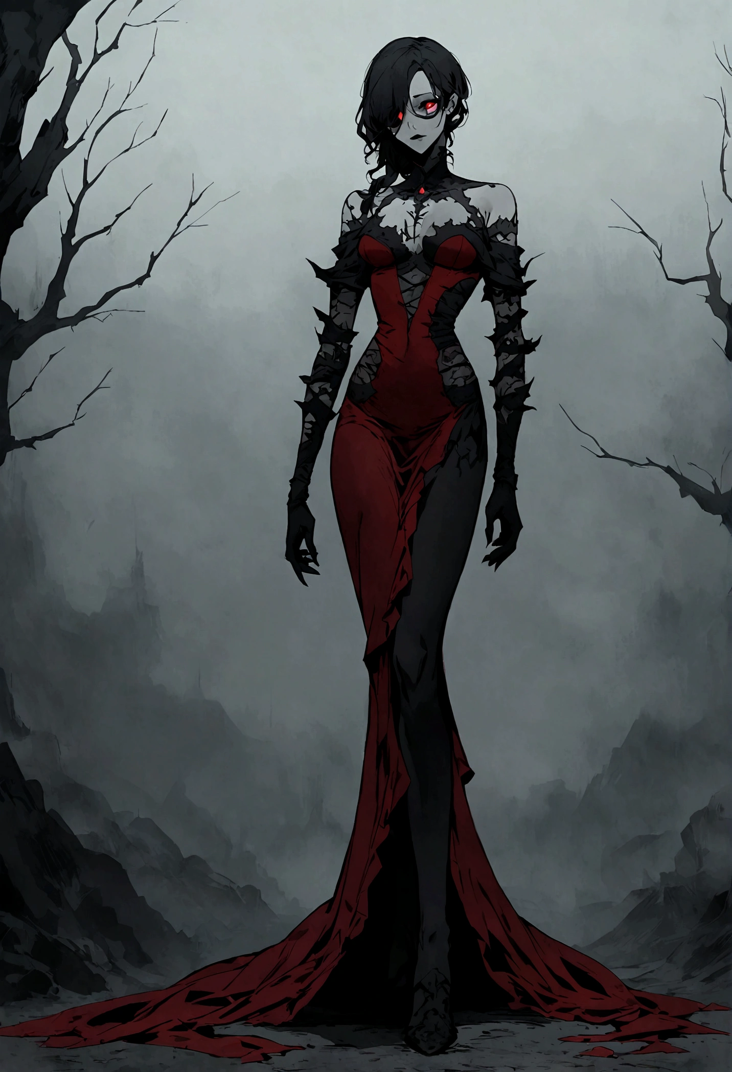 An undead seductress with a split jaw and empty eye sockets, gloomy atmosphere, rot, full body