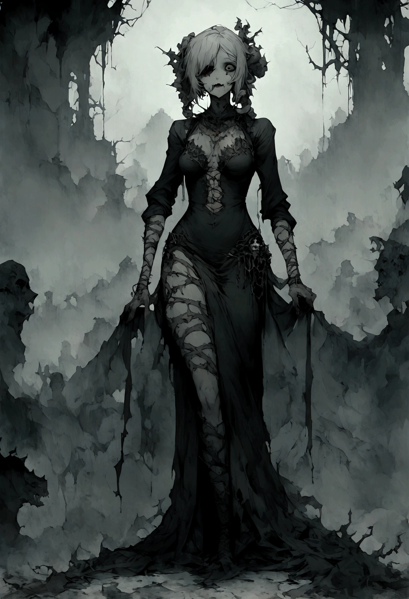 An undead seductress with a split jaw and empty eye sockets, gloomy atmosphere, rot, full body
