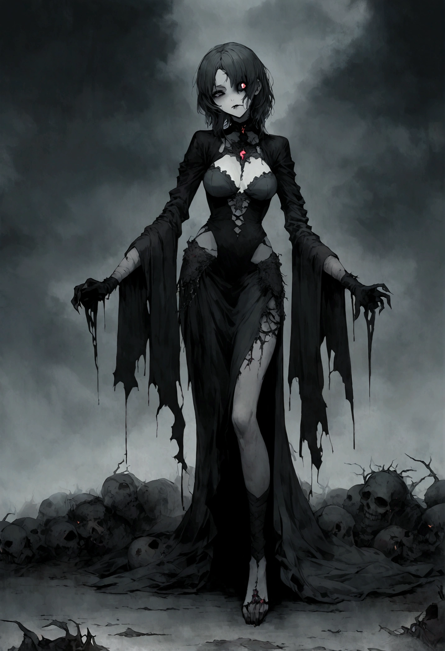 An undead seductress with a split jaw and empty eye sockets, gloomy atmosphere, rot, full body