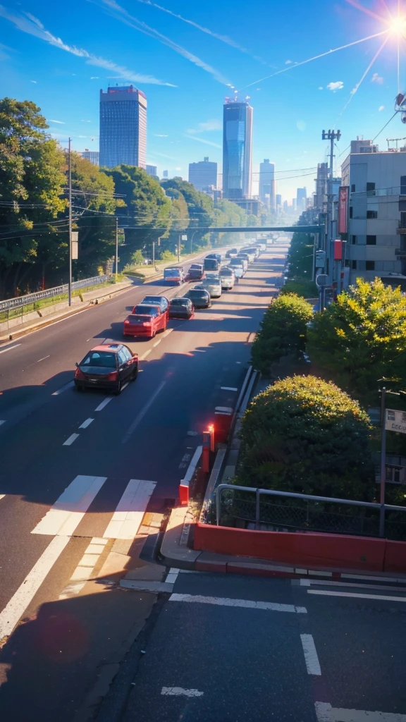 blue sky,Daytime,sun,Cars passing by on the road,Tokyo city,traffic jam,Short bob and red eyes girl1