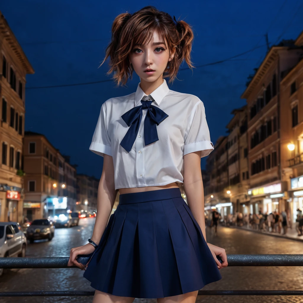 (8k, RAW photo, masterpiece:1.3), (realistic, photo-realistic:1.37), (night), (looking at viewer:1.331), (bloody hair), posing, Rome street, nightcityscape, cyberpunk city, soft light, topless girl, extremely beautiful face, bust, put down hands, Random hairstyle, Random expression, big eyes, lower abdomen, (short-sleeved .JK_shirt), JK_style, (dark blue lifting JK_skirt), (bow JK_tie), mix4., best quality