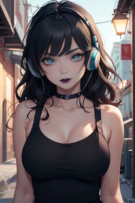 ((best quality)), ((masterpiece)), ((detailed eyes and face)), perfect face, female, aqua eyes, black lipstick, blank stare, squinting, long black wavy hair, wearing headphones, bangs, she is wearing a light blue spaghetti strap tank top, black shorts, big breasts, nighttime, alley way