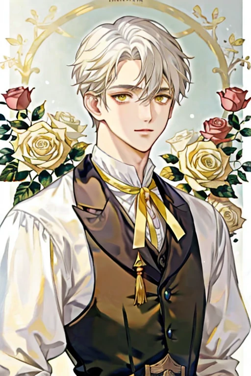 anime man with short white hair and yellow eyes dressed in Victorian suit 