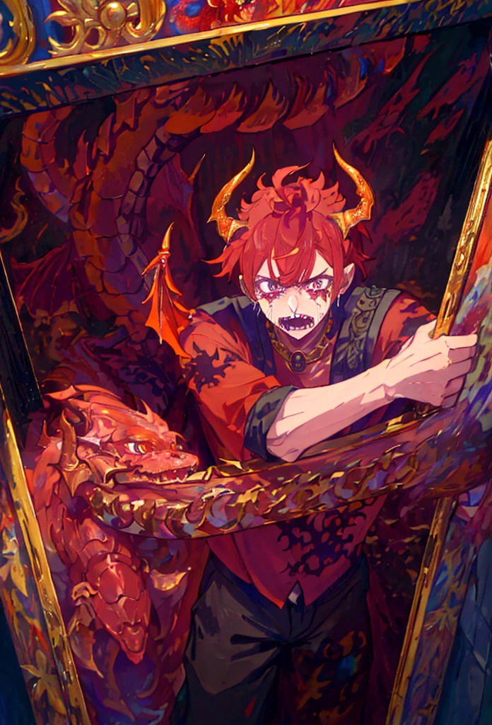 1 man, red hair, full body, ((half human and half dragon)), menacing gaze, horns coming out of his head and neck, golden scales around his arms, inspired by The Fallen Angel ((The Crying Lucifer Painting)) , breath of fire character, emperor of dragons, kaiser