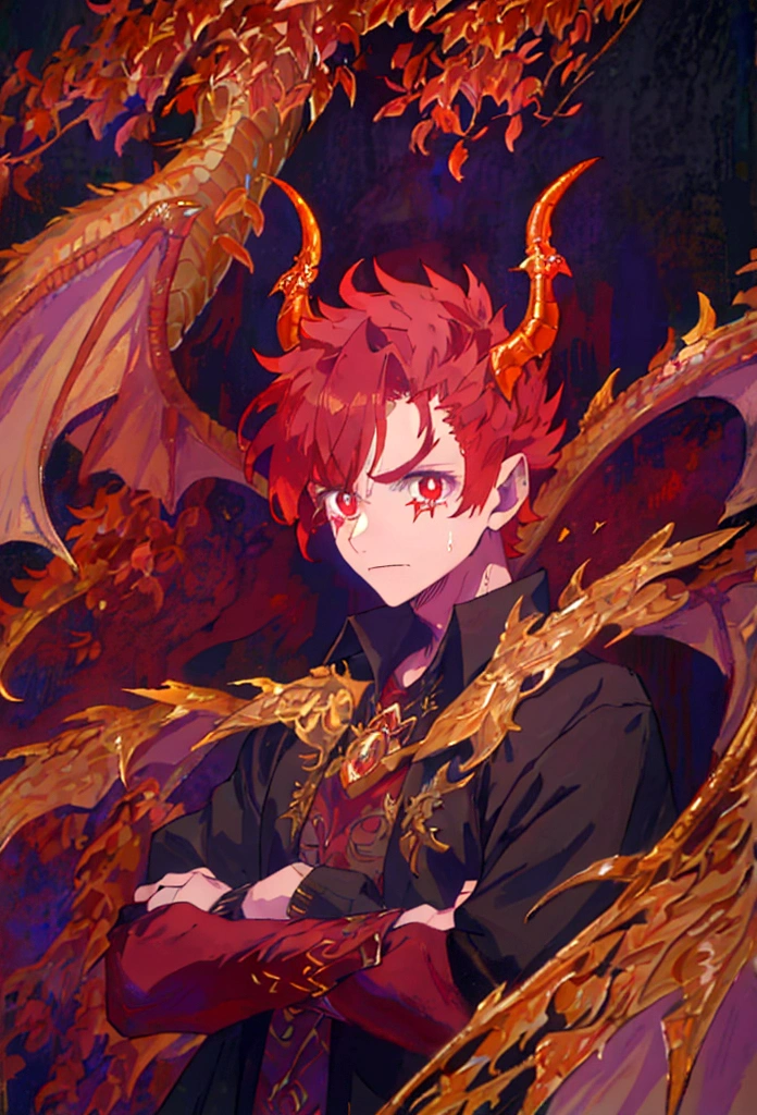 1 man, red hair, full body, ((half human and half dragon)), menacing gaze, horns coming out of his head and neck, golden scales around his arms, inspired by The Fallen Angel ((The Crying Lucifer Painting)) , breath of fire character, emperor of dragons, kaiser