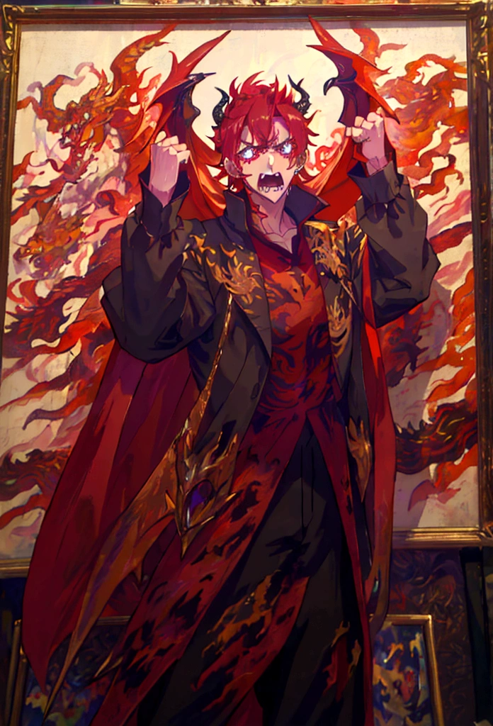 1 man, red hair, full body, ((half human and half dragon)), menacing gaze, horns coming out of his head and neck, golden scales around his arms, inspired by The Fallen Angel ((The Crying Lucifer Painting)) , breath of fire character, emperor of dragons, kaiser
