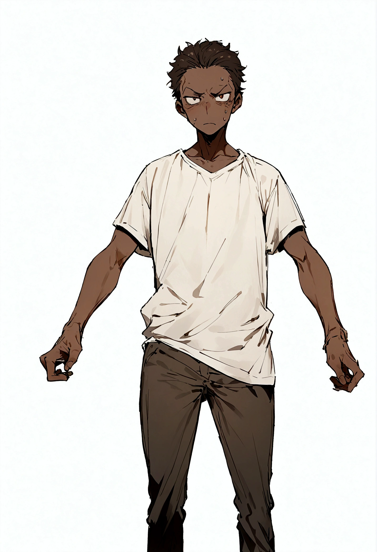 masterpiece, ung man, Stand up straight, Casual clothing, View Viewer, Detailed face,Brown Skin,Bust, Reduce wrinkles in clothes,whole body,Grim expression(Simple Background, White Background: 1.3)