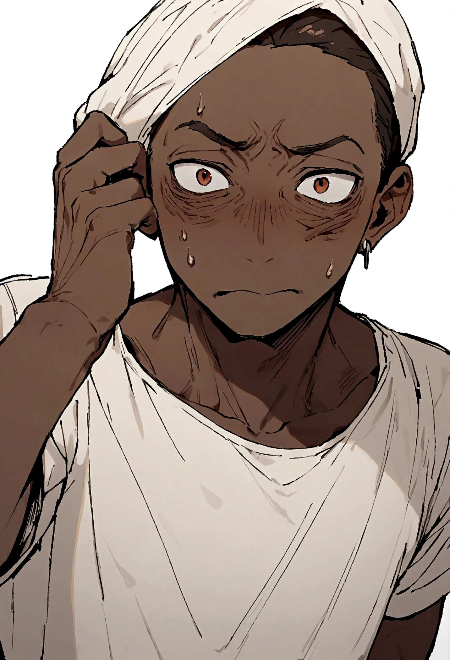 masterpiece, ung man, Stand up straight, Casual clothing, View Viewer, Detailed face,Brown Skin,Bust, Reduce wrinkles in clothes,whole body,Grim expression(Simple Background, White Background: 1.3)