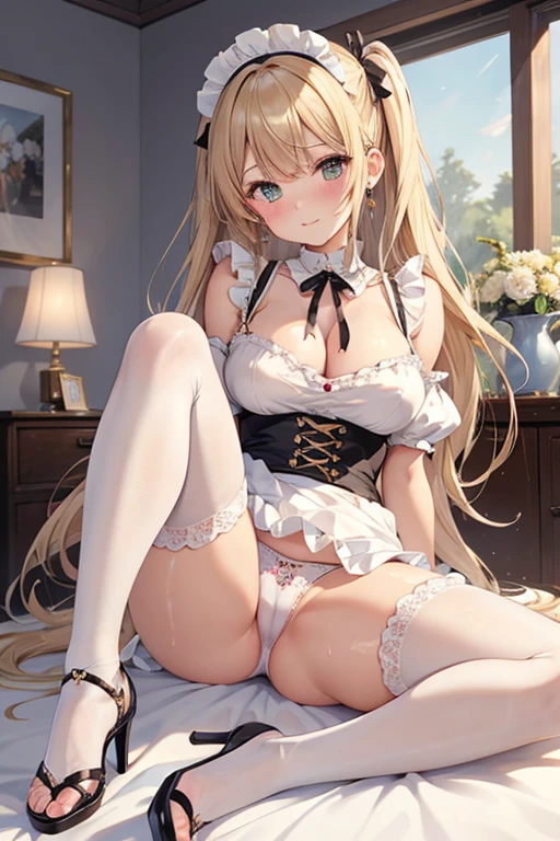 highest quality、Ultra-high resolution、Anatomically correct human body、Perfect human body、Clear lines、Two Arms、Two legs、((Five Fingers))、Delicate fingers、Low angle shot:1.5、((Showing panties:1.5))、((Light blonde hair:1.4))、((Yellow sexy silk panties))、((Her tiny thong panties are tucked between her legs))、((Panties close up:1.4))、((Very large firm breasts:1.6))、Twin tails up to the waist、Delicate hair type、fluffyの髪、Curly Hair、Silk maid outfit、Maid clothes with wide open chest、White silk knee socks、A cute and beautiful face down to the last detail、(PurerosFace_v1:0.008)、eyeliner、blush、Embarrassing、Glare、 Glossy lips: 1.4, impatience、Panty Appeal、Panties close up:1.3、blush、Open your knees、Spread your legs、Disheveled clothes、Bright green eyes、Cute ribbon、Shiny gold leather high heels、Stiletto heels、transparent、Glowing White Skin、Sweaty chest、Bell earrings、Shining bright colors、Clear contours、Floral Hair Accessories、Small white gloves made of thin silk、stylish、kind、soft、High-end furniture、stylishな編み込み髪、Scrunchies on the wrist、Ribbon with bell around neck、Big eyes、Silky smooth texture、Color unification、Luxurious canopy bed、garter belt、Droopy eyes、Light blush on the cheeks、Put one hand over your mouth、Midday sunlight filtering through lace curtains、Bright interior、happiness、はっきりとしたBig eyes、Bright expression、M-shaped foot、Arabic style columns、Tilt your head、Laugh gently、非常にDelicate fingers先、Detailed and vibrantly colored floral wallpaper、Tea set、A small gold watch on one wrist、The leather corsets、Eyes that shine like jewels、Symmetry in clothing and accessories、fluffy、Finest Silk、attractive appearance、Plaid、明るいピンクColor unification感、Emphasizing the depth of the human body、Sharp camera angles、See-through、フリルの付いたfluffyの可愛い白いエプロン、
