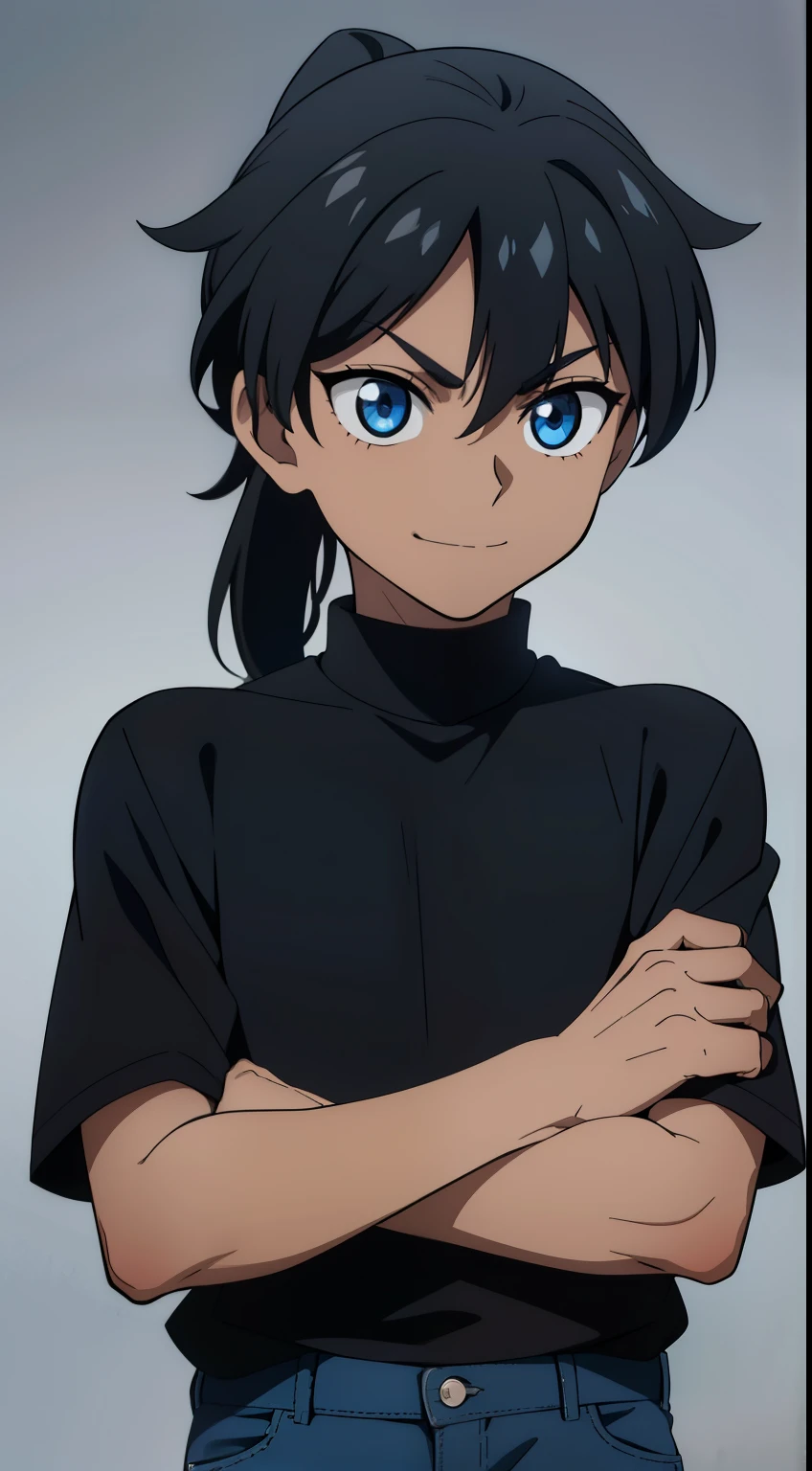 (high-quality, breathtaking),(expressive eyes, perfect face) Symmetrical Eyes, short, , upperbody, 1boy, male, bright blue eye color, black hair color, grey background, medium hair length, tied back hair, high ponytail, black skin, dark colored skin, black shirt, blue trim, jeans, positive expression, small smirk
