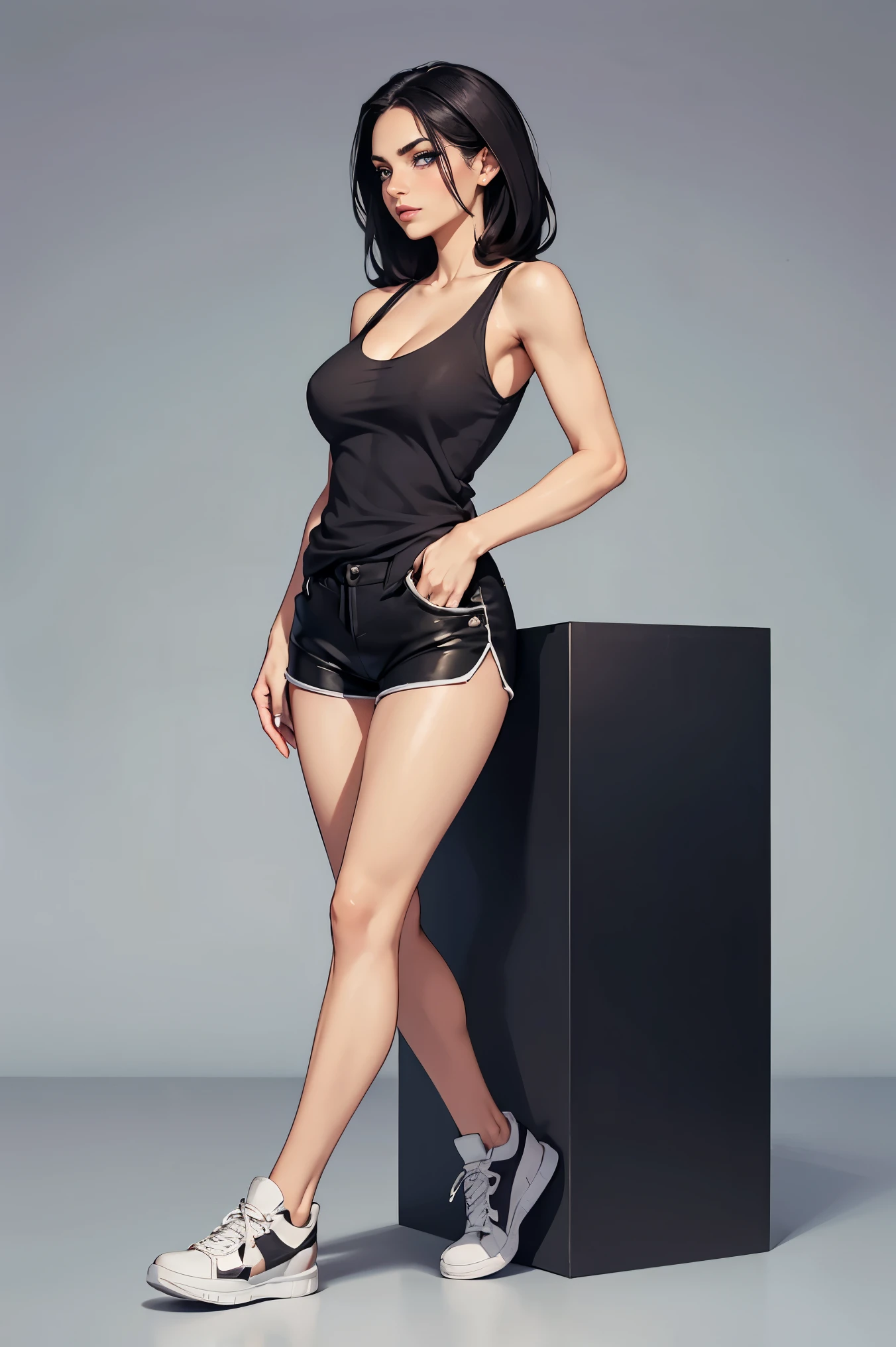makeup, mascara, woman 25 years old, stylish, Clean, Elegant and luxurious designs, Simple, Distinctive designs, simple silhouettes, chic and mature impression, elegance, minimalism, standing, full body, cleavage, prefect model face, simple background, empty hands, sleeveless, tank top, tight shorts, sneakers