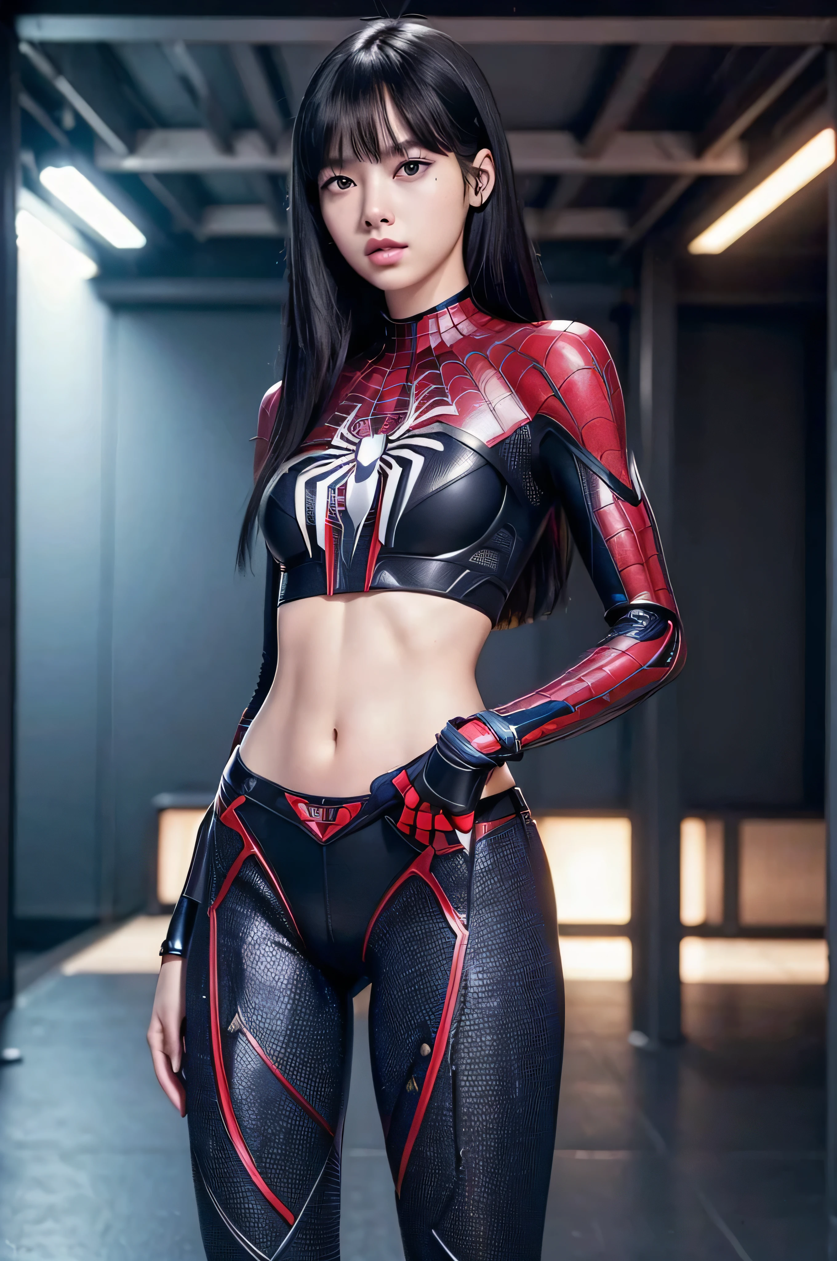 ((masterpiece, 8K, 3D, Realistic, Super Detail)), (1girl:1.3), slender 16 age, Ultra Micro photography, Lisa-Blackpink Super realistic, Perfect face, 16K resolution, 4k resolution, The photo was taken from the Front, facing to the photographer, Foreground photo, dynamic lighting, high-definition resolution, Beautiful features, ((Perfect female Model Slim body)) Beautiful features, Standing pose, ((small hip)), (((2 piece Spider Man armor Hotpants-Bikini))), Sci-fi futuristic, ((Spider Man armor)) ((bionic Fragmented Spider Man chest armor suit)), ((Exposed slim thighs)), wear mesh metal-stockings, ((slim thighs)), ((bionic Slim thighs Steel armor)), Front Full body Shot, full body portrait, perfect legs, shoes, futuristic city background