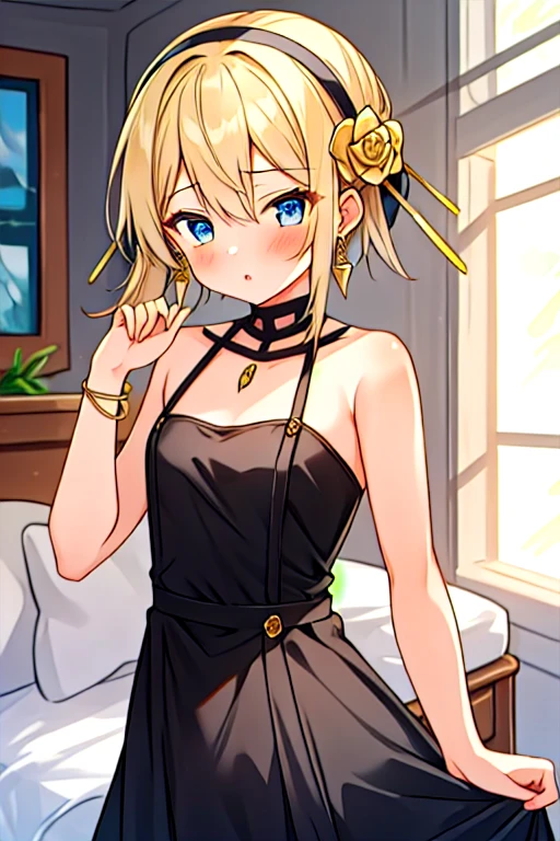 (masterpiece, highest quality), Intricate details,
One girl, hair band, jewelry, Earrings, hair ornaments, hair flower, flower, gold hair band, dress, black dress,, your,
Small breasts, Flat Chest,