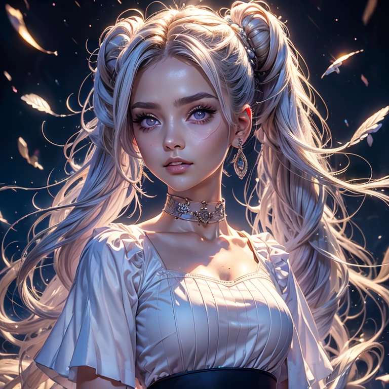 photorealistic, (hyperrealistic:1.2), (extremely detailed CG unity 8k wallpaper), (ultra-detailed), masterpiece, best quality, 1girl, sailor cosmos, standing, fullbody, solo, long hair, skirt, hair ornament, twintails, jewelry, purple eyes, white hair, pleated skirt, earrings, choker, sailor collar, hair bun, cape, character name, double bun, facial mark, white skirt, brooch, white sailor collar, hairpin, forehead mark, white choker, sailor senshi uniform, holding staff, portrait photography