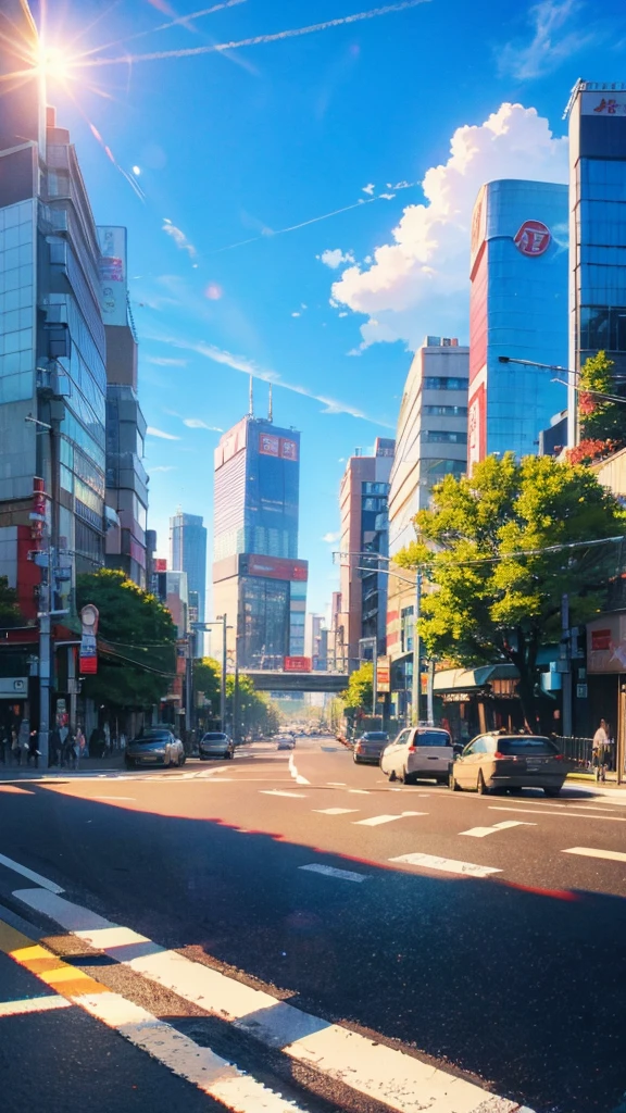 blue sky,Daytime,sun,Cars passing by on the road,Tokyo city,traffic jam,Short bob and red eyes girl1