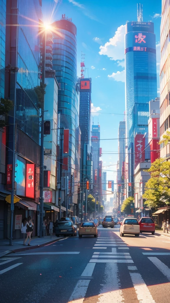 blue sky,Daytime,sun,Cars passing by on the road,Tokyo city,traffic jam,Short bob and red eyes girl1