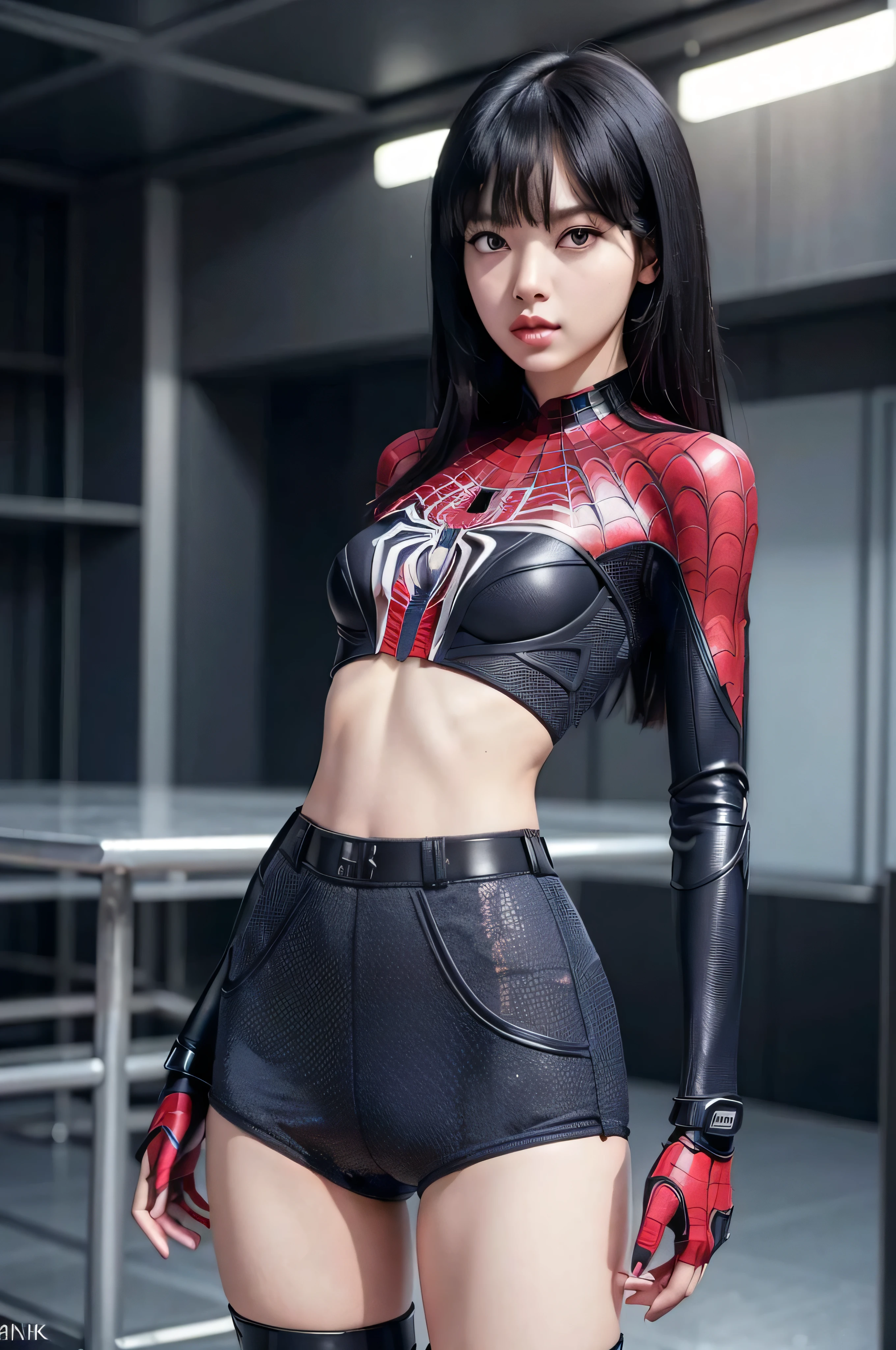 ((masterpiece, 8K, 3D, Realistic, Super Detail)), (1girl:1.3), slender age, Ultra Micro photography, Lisa-Blackpink Super realistic, Perfect face, 16K resolution, 4k resolution, The photo was taken from the Front, facing to the photographer, Foreground photo, dynamic lighting, high-definition resolution, Beautiful features, ((Perfect female Model Slim body)) Beautiful features, Standing pose, ((small hip)), (((2 piece Spider Man armor Hotpants-Bikini))), Sci-fi futuristic, ((Spider Man armor)) ((bionic Fragmented Spider Man chest armor suit)), ((Exposed slim thighs)), wear mesh metal-stockings, ((slim thighs)), ((bionic Slim thighs Steel armor)), Front Full body Shot, full body portrait, perfect legs, shoes, futuristic city background
