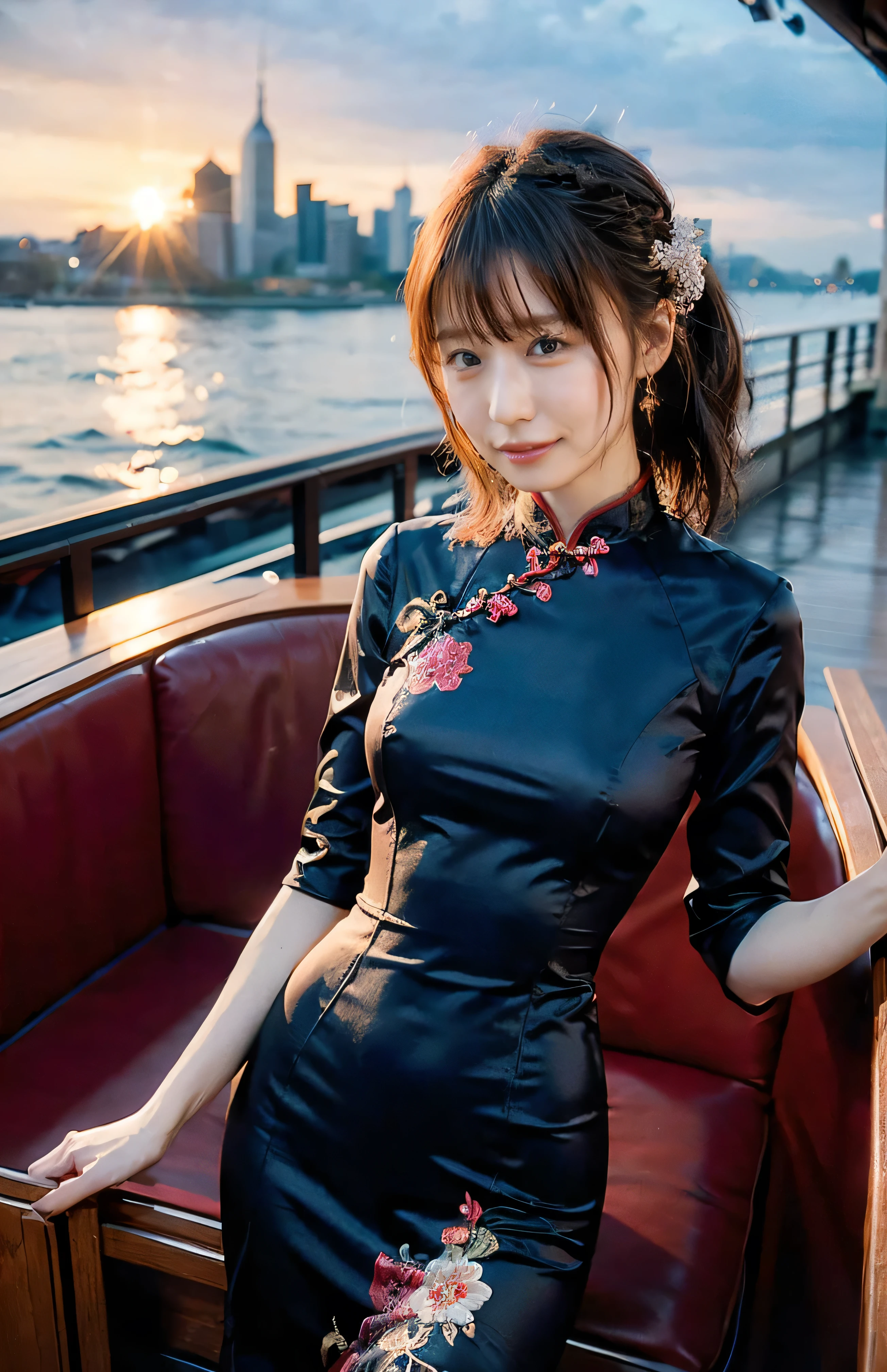 The sky turns red、Single bun hair、Are standing、Hair swaying in the wind、China at night、((hair ornaments:1.5)).A gorgeous red cheongsam with gold embroidery、hair ornaments、Tie your hair elegantly、Gorgeous red silk cheongsam、((Standing on a boat and posing sexy、A luxurious and shiny embroidered cheongsam:1.4)).A luxurious and shiny silk cheongsam、A luxurious red cheongsam with embroidery、Are standing women on boat、Light brown hair、Elegant hairstyle、Blue Eyed Woman、A woman with a cute upward gaze、When the sky gets dark、The gentle light of the ship shines、The sky turns red as the sun sets、Tight clothing that shows your body lines、、Elegant navy blue summer knit、Elegant black summer sweater、Short skirt、Dress elegantly着こなす、Luxury Bagedium Shorthair:1.4))、Skyscrapers seen across the sea、Manhattan 私sland is visible offshore、Woman on a sightseeing boat、、The sun shines on her、Light brown hair、Light brown hair、The sky was dyed red、There are clouds、private's cute、An elegantly dressed woman is sitting on a boat and watching the sunset、Her ample breasts are obvious even through her clothes..、The shining sun is so beautiful、Dusk is approaching、Lens flare、I can see the sunset、((Sunlight reflecting off the ocean、Ocean View、The sun shines on the sea、'beautiful.、Small earrings、private'evening、Birds are also flying、、Brown Hair Color、Tying up hair、The woman is on the right:1.4))、Luxury Leather Belts、Shiny clothes、Light beige hair color、Background Blur、Braid only the front hair、Light brown hair、{{Cowgirl Shot}}、((Close-up shot from the waist up、Ample breasts:1.4))、Smile、Silk clothing、Ample breasts that can be seen even through clothes、Braid only the front hair、Cowboy Shot、Gorgeous white collared silk shirt and brown skirt、Dress elegantly、Luxury Bags、A lovely smile、((Ample breasts))、Full body photo、ring、Short skirt、Tuck your hair behind one ear、Silver Necklace、smile、 Elegant ponytail、Caustics、Highly detailed photos、Very beautiful and ideal short hair、Super no makeup、(8k、RAW Photos、highest quality、masterpiece:1.2)、(Realistic、Realistic)、1 girl、((Medium Short Hair、Looking into the camera:1.4))、Hair blowing in the wind