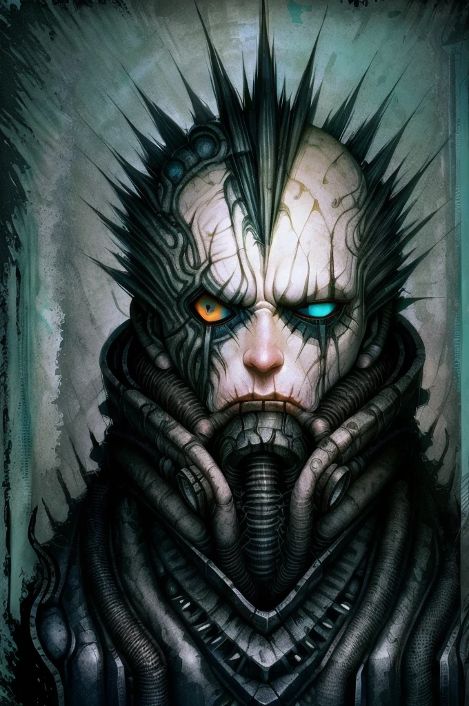 (masterpiece:1.3), a digital painting of a demonic looking creature with long hair and a creepy look on it's face, a portrait of a man holding bolt in his mouth, a close up of a person with eyes of different color and size, edges of face disappearing turning into wires and tubes, gas mask equipped with massive air intakes, dirty cyan background, grunge texture, one eye closed, cyan eye, orange eye, man's face with spiky implants instead of hair and blue eyes in front of a grunge background, edges of his face disappearing turning into wires, edges of face disappearing turning into wires and tubes, edges of face disappearing turning into wires, face and body disappearing turning into wires, horrifying implants on the top of her head, a drawing in style of AIDA_ColGruBioMec, (artwork by AIDA_ColGruBioMec:1.3) (in style of H.R.Giger:1.1)