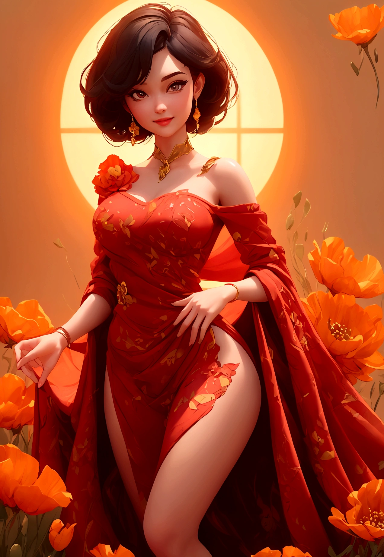 (best quality,4k,8k,highres,masterpiece:1.2),ultra-detailed,(best quality,realistic:1.2), lovely woman, Beautiful girl, red dress, skin tight dress, short black hair, field of poppy flowers, portrait, standing in an s-shape, lustful smile, seductive eyes, sexy breasts, ample breasts, curvy hips, sunset, play, joy, beauty, harmony, portrait, soft lighting, vibrant colors, HDR, 8k, absurdres, cinestill 800, sharp focus, add_detail:2, Ultra HD | | | ((Fullbody-shot)) add_detail:2 (1woman, solo)
