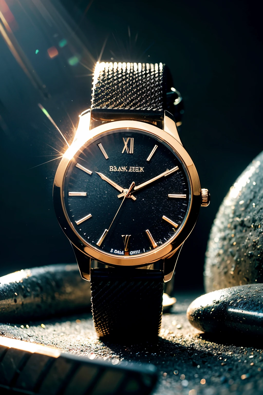 ((best quality)), ((masterpiece)), (detailed),1 Watch，metallic feel，E-commerce scenario，Surrounded by stones and gravel，Backlight，Product Scenario，Dark Tones，Vertical viewing angle，geometry，stainless steel watch strap