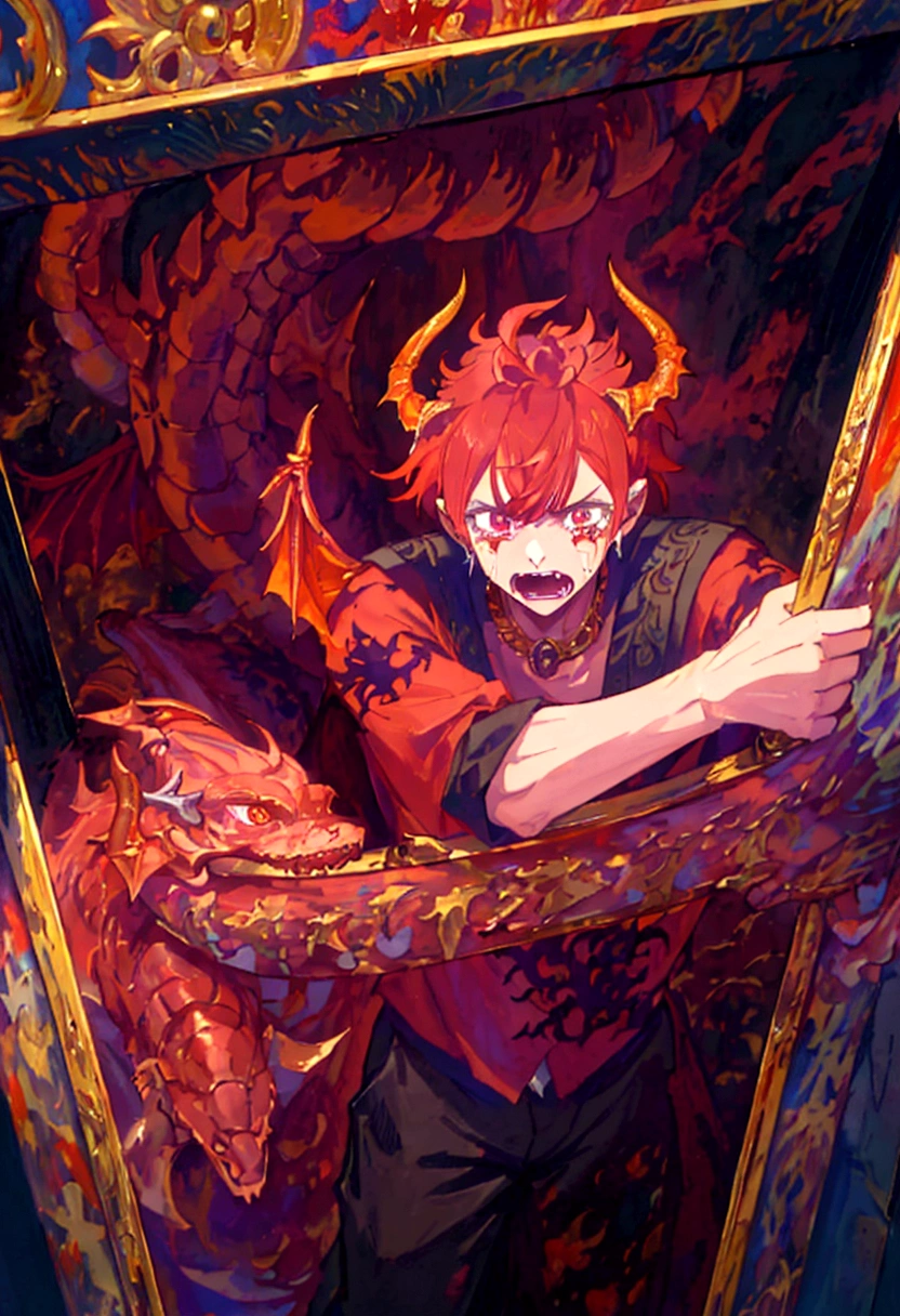 1 man, red hair, full body, ((half human and half dragon)), menacing gaze, horns coming out of his head and neck, golden scales around his arms, inspired by The Fallen Angel ((The Crying Lucifer Painting)) , breath of fire character, emperor of dragons, kaiser