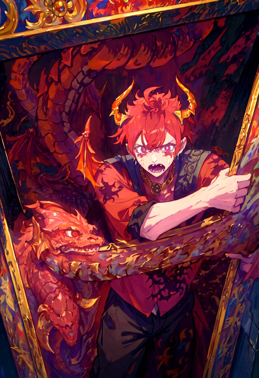 1 man, red hair, full body, ((half human and half dragon)), menacing gaze, horns coming out of his head and neck, golden scales around his arms, inspired by The Fallen Angel ((The Crying Lucifer Painting)) , breath of fire character, emperor of dragons, kaiser