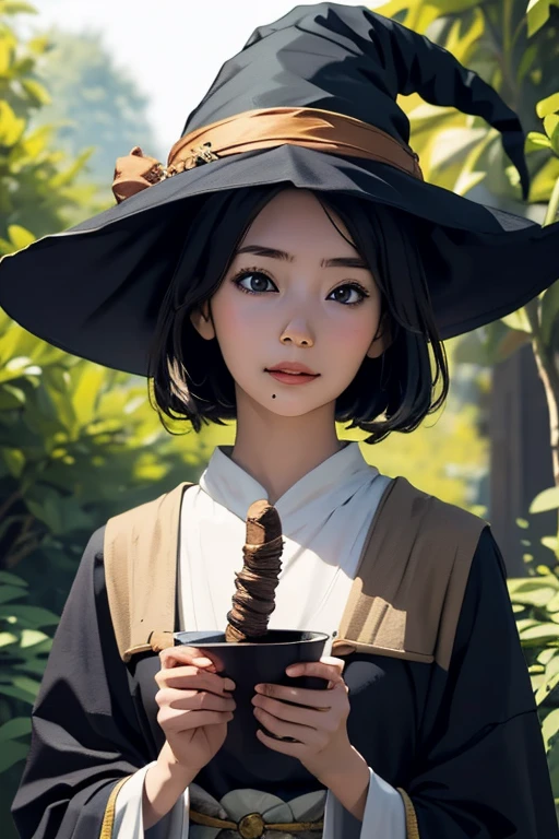 (masterpiece, highest quality), Cute single girl、Cute Witch、Cute Wizard:1.5、Witch Robe、Witch Hat、head to waste、