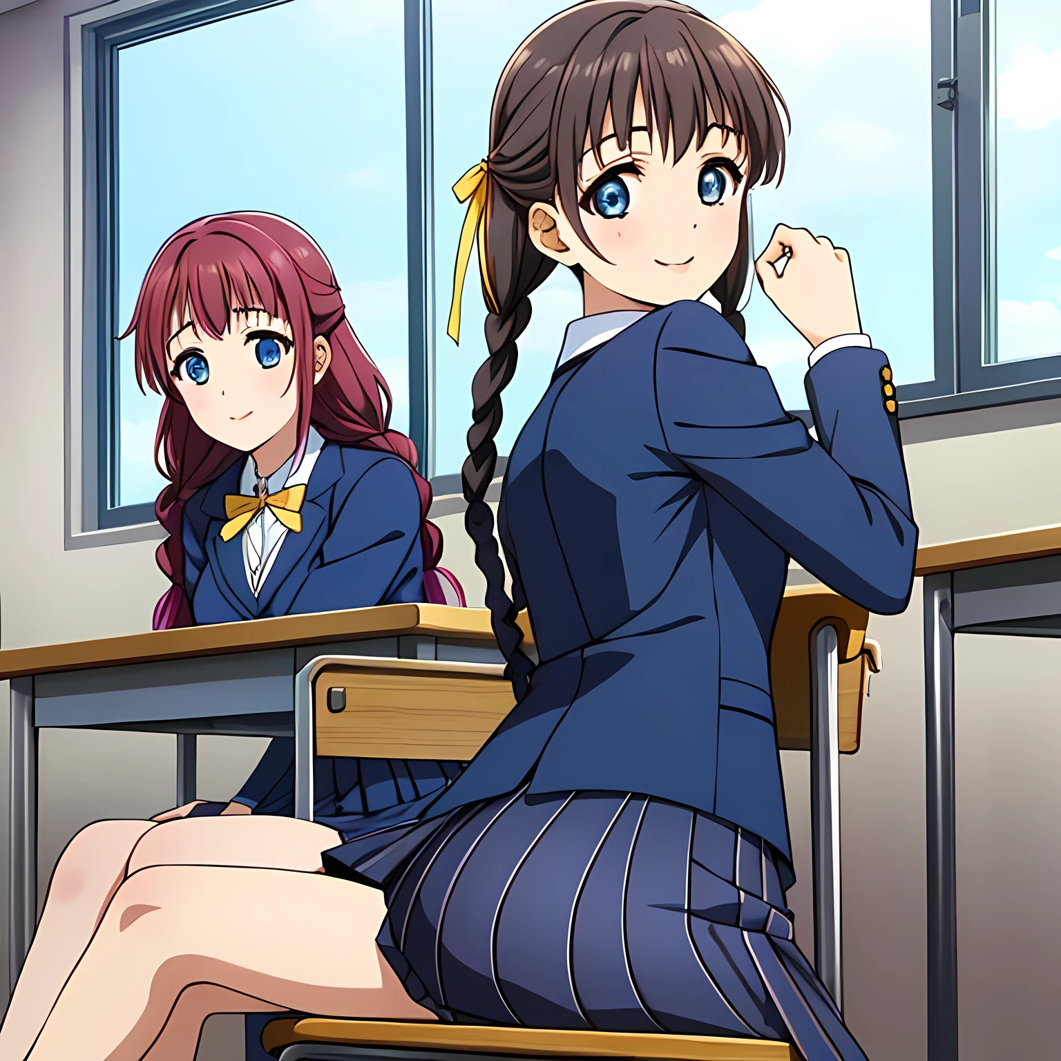(highest quality, masterpiece:1.2), highest quality, High resolution, 1080p, 8K, Height: 158cm, High-definition anime-style CG, ((The game heroines are very intelligent, very noble, pretty and neat beautiful girls sitting on chairs in school classrooms.、Looking back and smiling gently)), He tries to hide his shocked mouth with his hands., A face that everyone loves, Glossy lips, Even bangs, Double, Long eyelashes on both the top and bottom, Wide-open blue eyes, detailed in detail, The very large red shiny wide ribbon bowtie is very cute., ((Black Hair)), ((long twin braids)), (((A long, neat, dark navy blue checked pleated skirt))), (((Dark blue winter long sleeve blazer))), How to wear a neat uniform, Extremely lustrous, shiny game heroine lips, Mouth open, Ribbon in hair, Tight waist, The ribbon is big and very pretty., Beautiful hair like a hair model