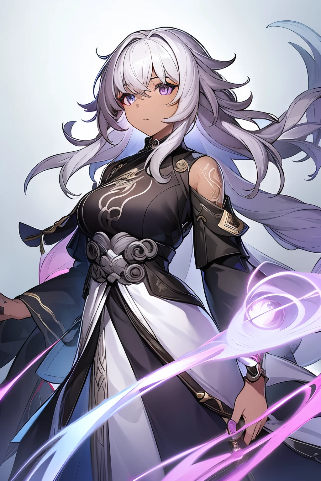 1girl, Mid 20s, Mature Face, Glaucous Curly Hair, ((Voluminous hair)), Bright silver eyes, (Downturned eyes), Dark skin, (Tattoos), Futuristic Hanfu, Futuristic Staff