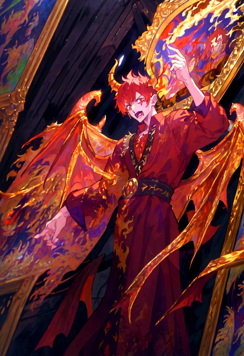 1 man, red hair, full body, ((half human and half dragon)), menacing gaze, horns coming out of his head and neck, golden scales around his arms, inspired by The Fallen Angel ((The Crying Lucifer Painting)) , breath of fire character, emperor of dragons, kaiser