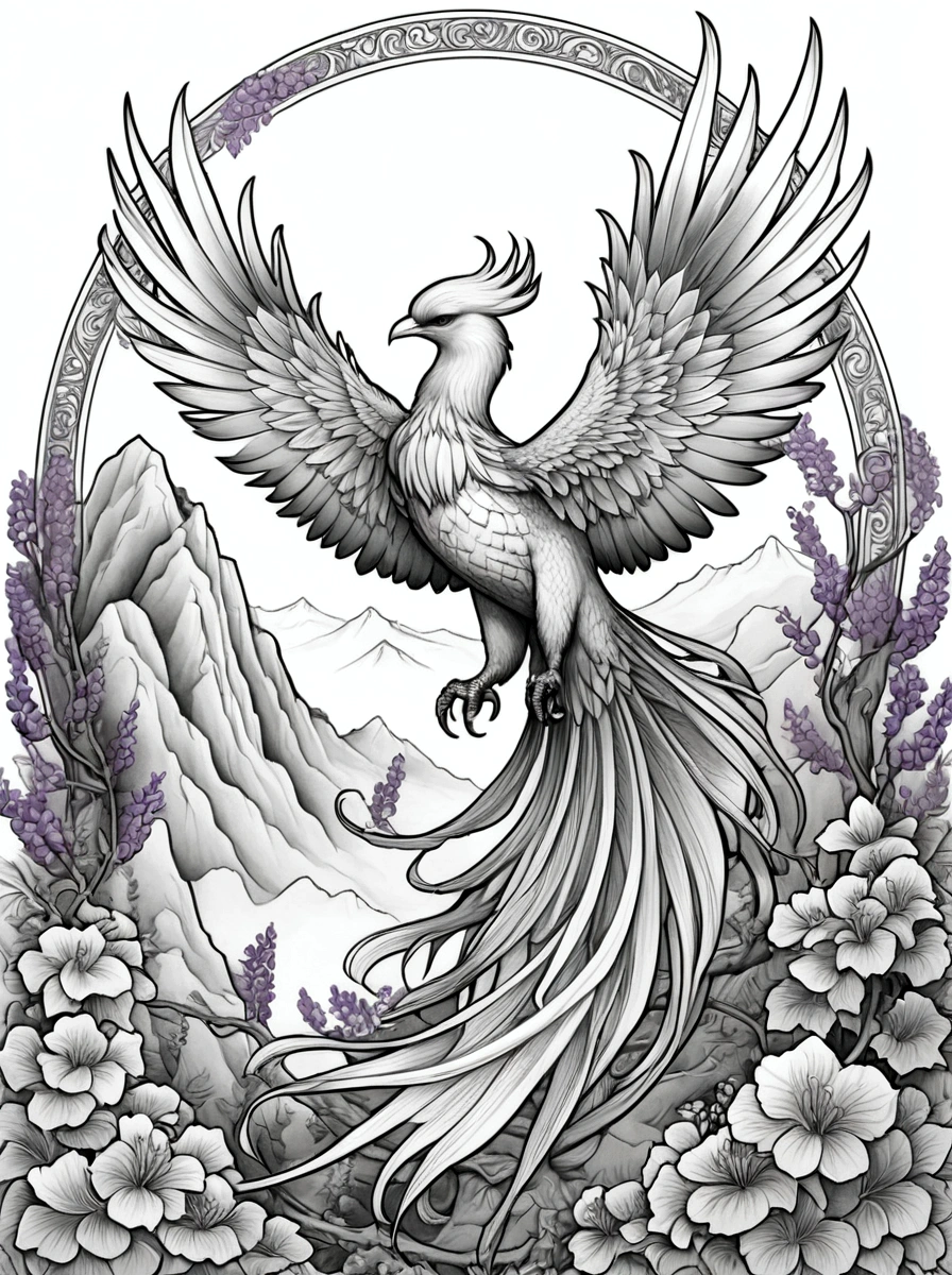 As a coloring book, White background, black and white, line drawing. No coloring. borders should be simple, clear, distinct, and thick lines. By Cartoon style of [phoenix], [fiery feathers, mythical features, dynamic pose], [mountain shrine], [wisteria vines]