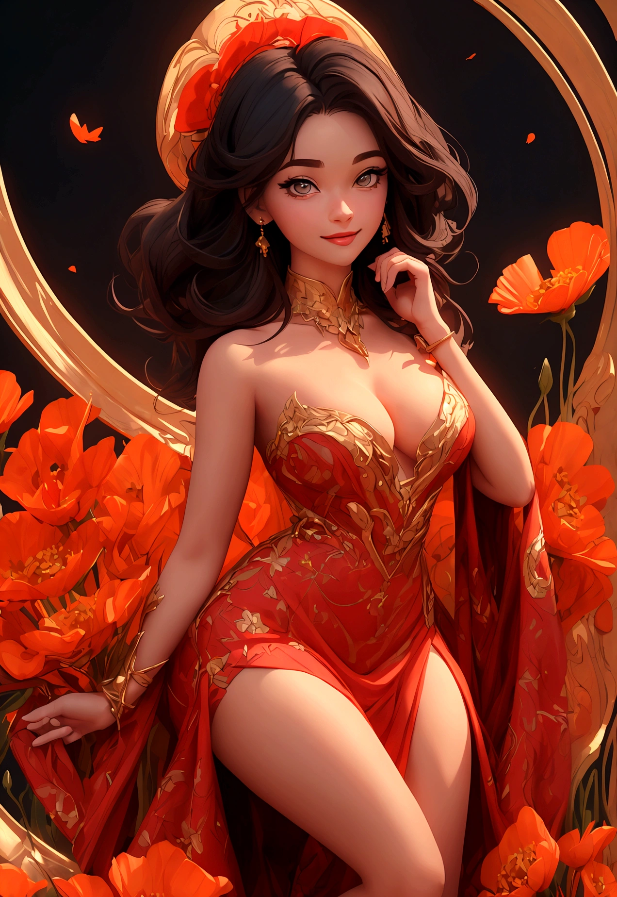 (best quality,4k,8k,highres,masterpiece:1.2),ultra-detailed,(best quality,realistic:1.2), lovely woman, Beautiful girl, red dress, skin tight dress, short black hair, field of poppy flowers, portrait, standing in an s-shape, lustful smile, seductive eyes, sexy breasts, ample breasts, curvy hips, sunset, play, joy, beauty, harmony, portrait, soft lighting, vibrant colors, HDR, 8k, absurdres, cinestill 800, sharp focus, add_detail:2, Ultra HD | | | ((Fullbody-shot)) add_detail:2 (1woman, solo)